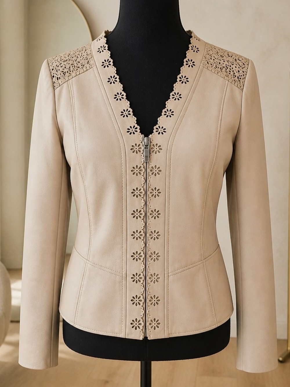 HINGE Women's S Beige Leather Floral Cutout Accent Zip Lined Long Sleeve Jacket